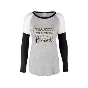 Thankful Grateful and Truly Blessed Heart Baseball Grey Black Long Sleeve Top